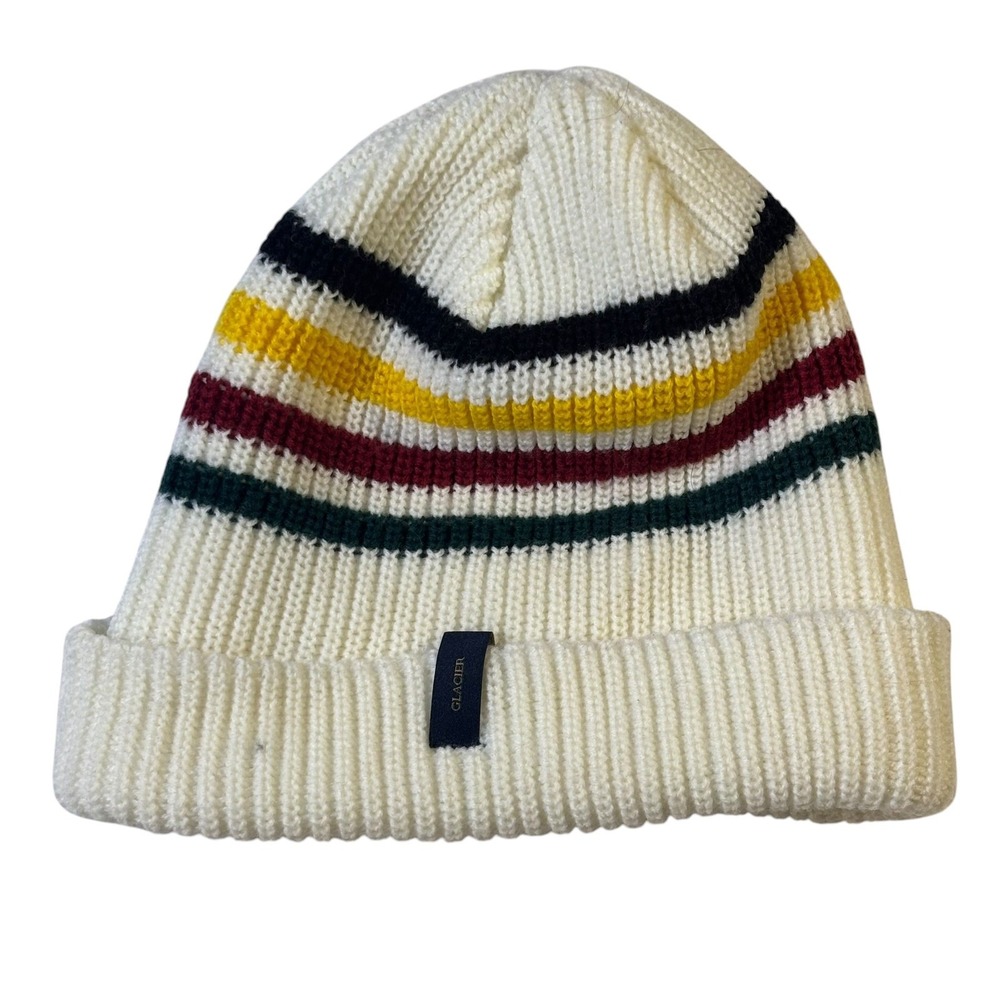 Glacier National Park Style Striped Ribbed Knit Cuffed Beanie Hat Cream Unisex